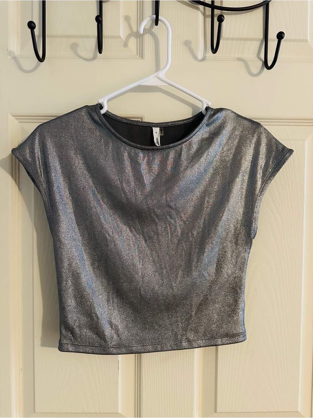 glam Metallic Silver Cropped Short Sleeve Top